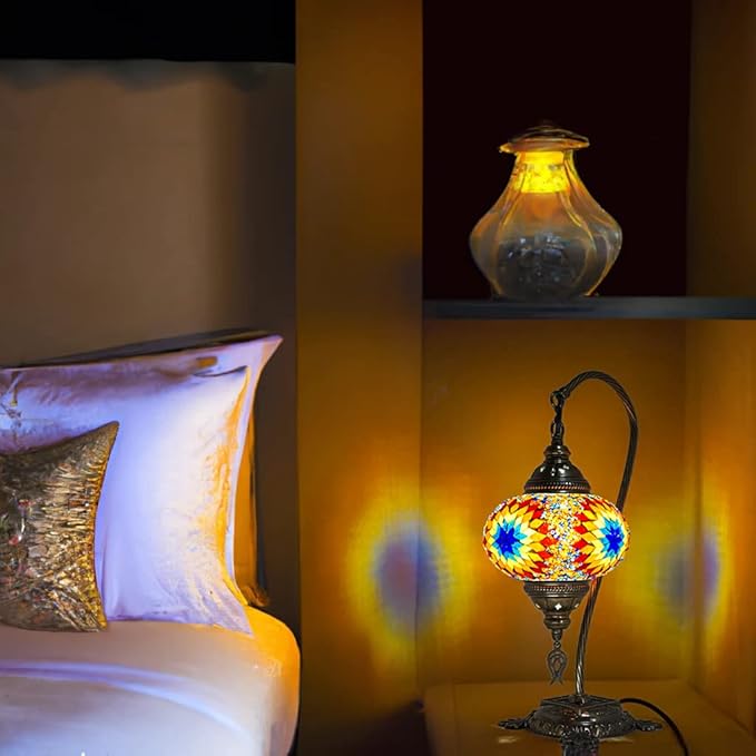 CHICON Handmade Mosaic Tiffany Boho Lamp | Genuine Glass Mosaic | A Piece of Art in Unique Moroccan Bohemian Small Table Lamp - SWAN Fire Orange