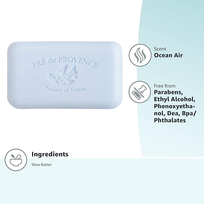 Pre de Provence Artisanal Soap Bar, Natural French Skincare, Enriched with Organic Shea Butter, Quad Milled for Rich, Smooth & Moisturizing Lather, Ocean Air, 5.3 Ounce