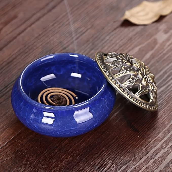 Ceramic Incense Burner, Coil Cone Stick Incense Burner Holder, Home Ornaments Incense Seat, Disc Censer Zen Decor (Fambe Blue)