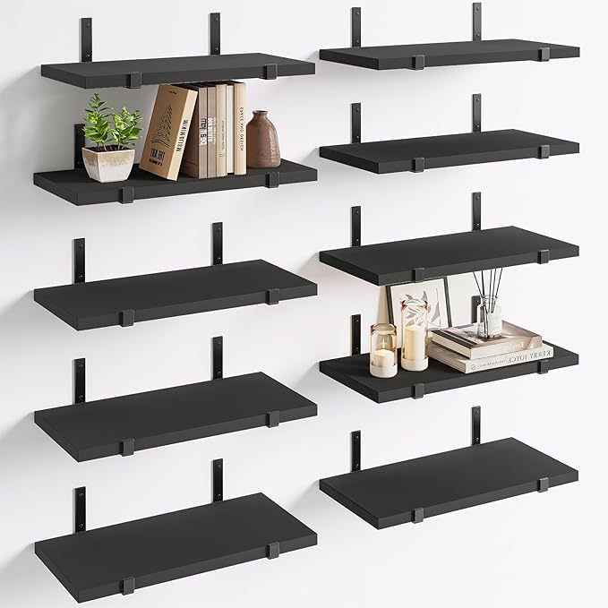 Fixwal 10 Pack Black Floating Shelves for Wall, Black Wall Book Shelves for Living Room Decor, Bedroom, Bathroom, Kitchen