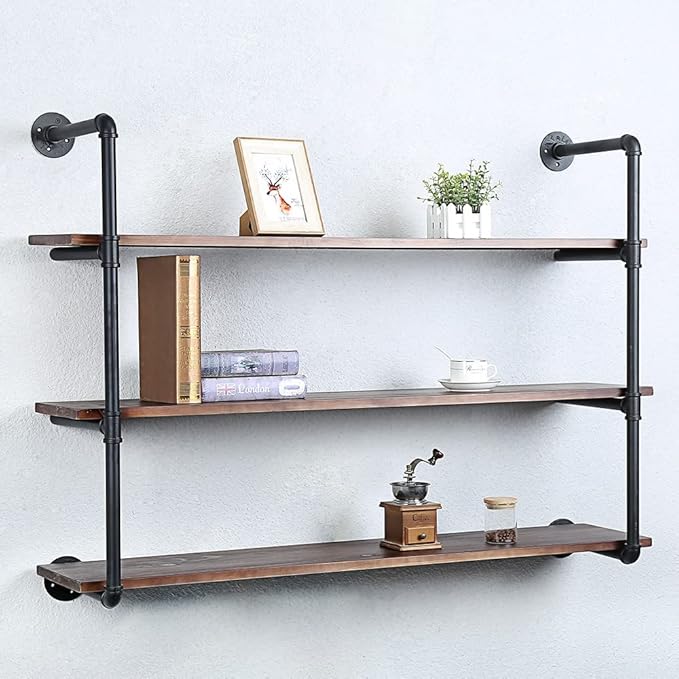 Industrial Pipe Shelves with Wood Planks,Bar Shelving Wall Mounted Hanging Book Shelf,Rustic Iron Floating Shelves for Wall(3 Tier 48in)