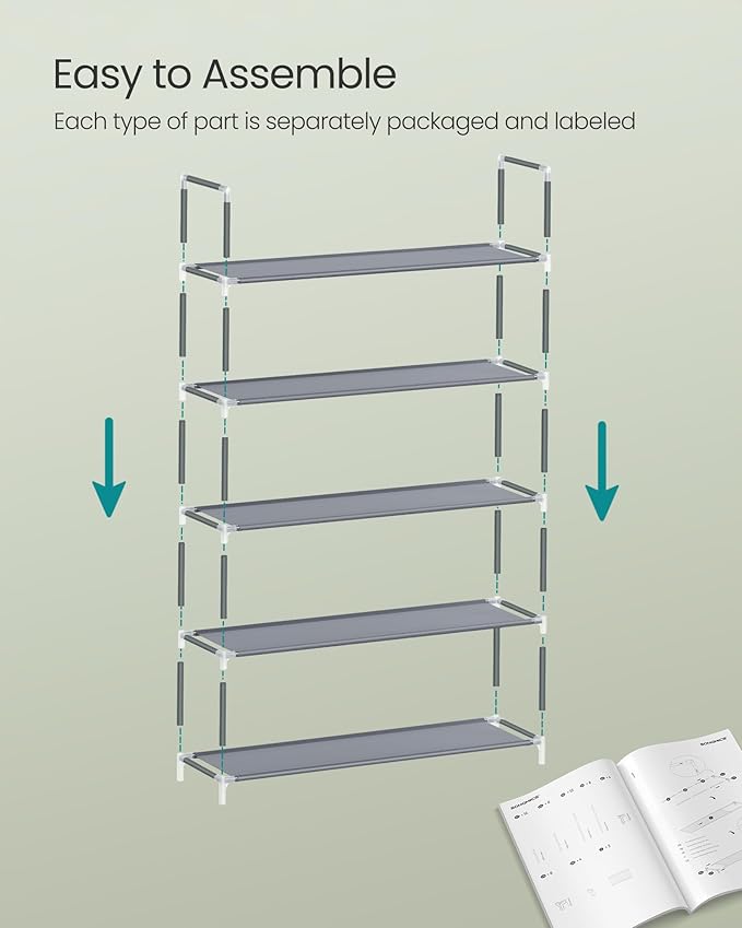 SONGMICS 5-Tier Shoe Rack, Shoe Storage for Hallway Closet, Slim and Space-Saving, Metal Frame, Non-Woven Fabric Shelves, Grey ULSH055G01V1