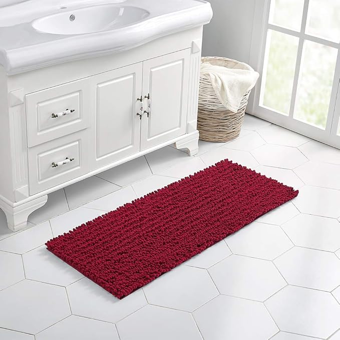 Walensee Bathroom Rug Non Slip Bath Mat (44x24 Inch Red) Water Absorbent Super Soft Shaggy Chenille Machine Washable Dry Extra Thick Perfect Absorbant Best Large Plush Carpet for Shower Floor