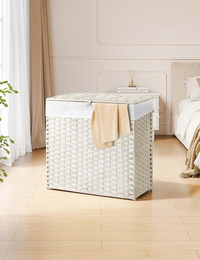 Greenstell Laundry Hamper with Lid, 125L Laundry Basket with 2 Removable Liner Bags & 2 Mesh Bags, Handwoven Synthetic Rattan Clothes Hamper for Clothes, Toys in Bathroom, Bedroom, Foldable, White