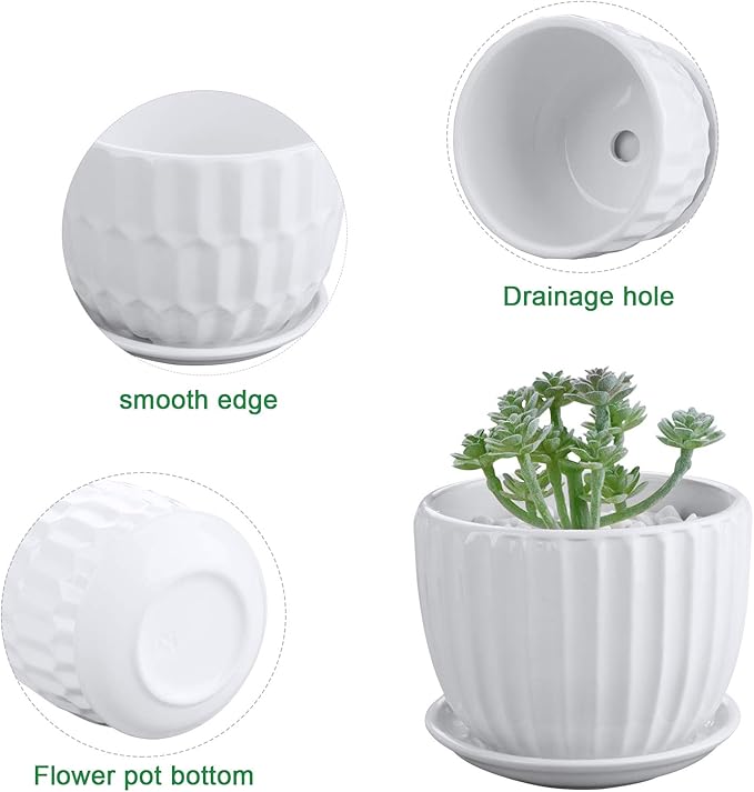 Brajttt Flower Pots, 4 Inch Cylinder Ceramic Plant Pots with Connected Saucer, Mini Ceramic Planters for Succulent and Little Snake Plants (6 Pack, White)