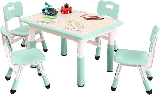 Kids Table and Chairs Set, Height Adjustable Desk With 4 Seats for Ages 2-10,Arts & Crafts Table,Graffiti Desktop, Non-Slip Legs, Max 300lbs, Children Multi-Activity Table for Classrooms,Daycares,Home