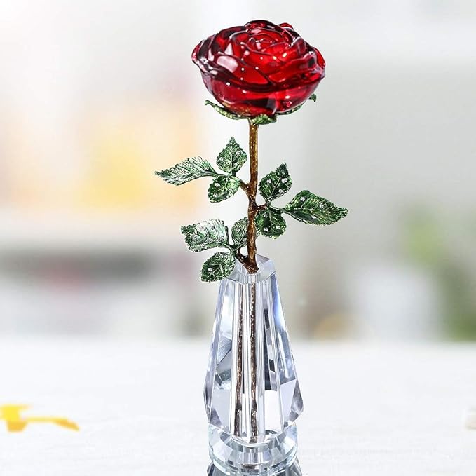 HDCRYSTALGIFTS Crystal Rose Flower Figurine Collectible Flower Gifts for Women,Crystal Glass Flower Collectible Ornaments for Christmas Home Table Centerpiece