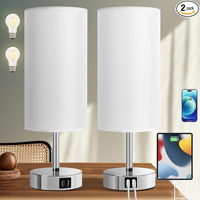 Yarra-Decor Bedside Lamps with USB Port - Touch Control Table Lamp for Bedroom 3 Way Dimmable Nightstand Lamp Set of 2 with Round White Fabric Shade for Living Room, Dorm, Home Office (White, 2 Pack)