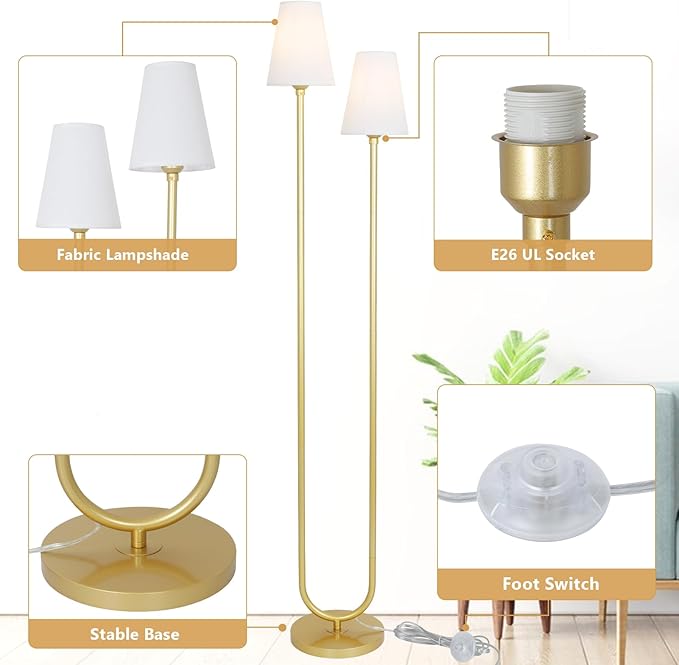 HMVPL Gold Floor Lamps for Living Room, Brass Corner Floor Lamp with Fabric Lampshade, Mid Century Standing Lamp with On/Off Foot Switch, Modern Tall Lamp for Living Room Bedroom Nursery Office(66")