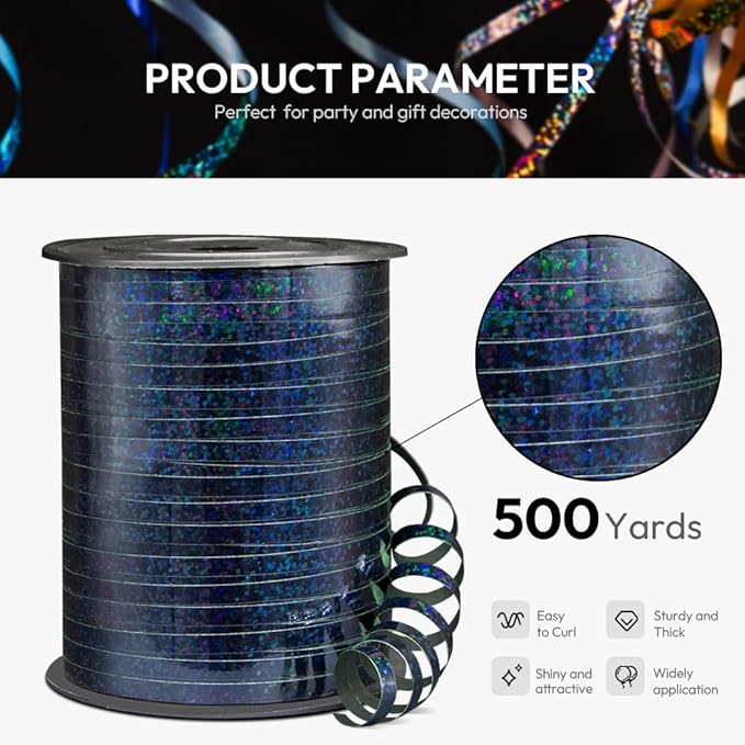 500 Yards Shiny Metallic Curling Ribbon with Spool, 1/5" Holographic Curly Ribbons - Ideal for Gift Wrapping, Birthday, Halloween, Christmas Party Decorations, Balloon String Ribbon in Black