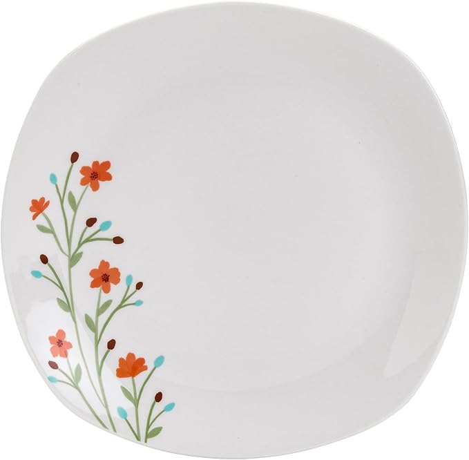 Tabletops Gallery 12-Piece White Floral Ceramic Dinnerware Set of Kitchen Dishes, Soft Square Dinner Salad Plates Cereal Bowls, Service for 4, Caroline
