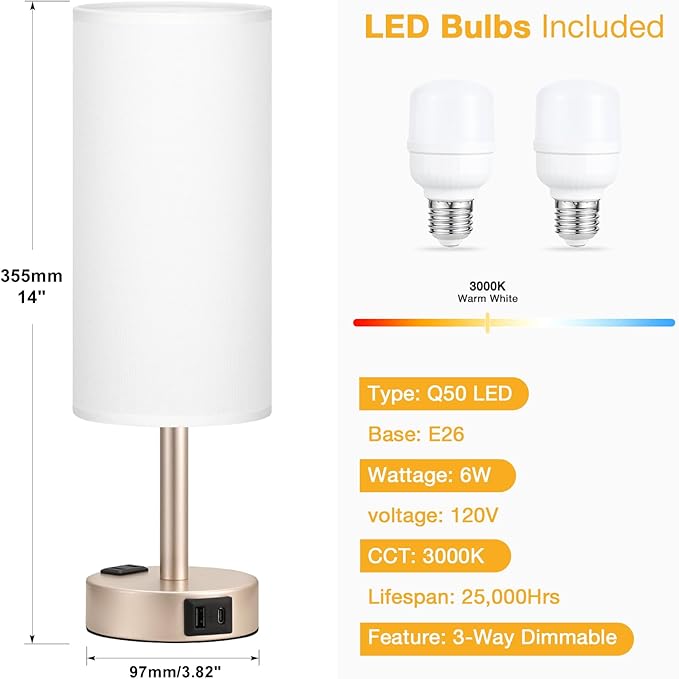 Touch Bedside Table Lamps Set - 3 Way Dimmable Bedroom Lamps Set of 2 with USB C and A Ports, Small Lamps for Nightstand with AC Outlet, Gold Base Round Flaxen Shade for Desk, Office, Dorm, Nursery