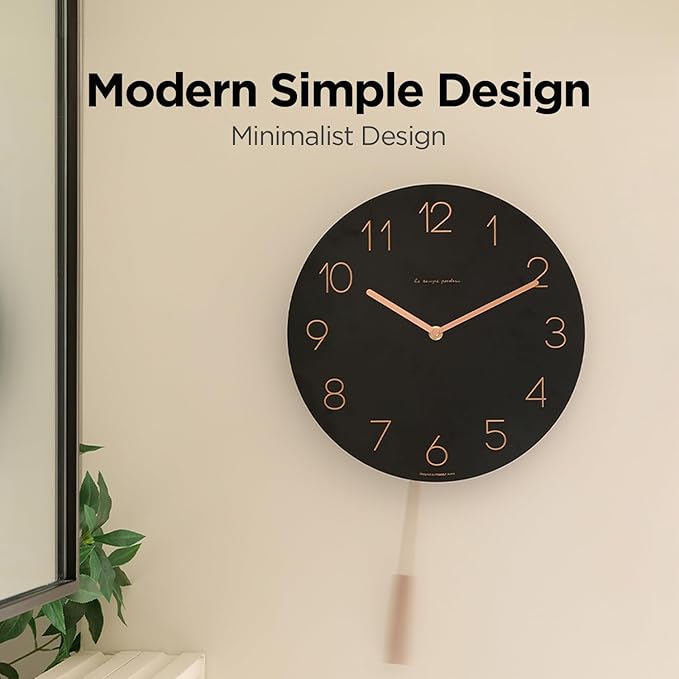mooas Flatwood Wall Clock Pendulum Black,12" Wood Wall Clock Non-Ticking Sweep Movement Decorative Clock Battery Operated Clock for Home Living Room Kitchen Bedroom Office School
