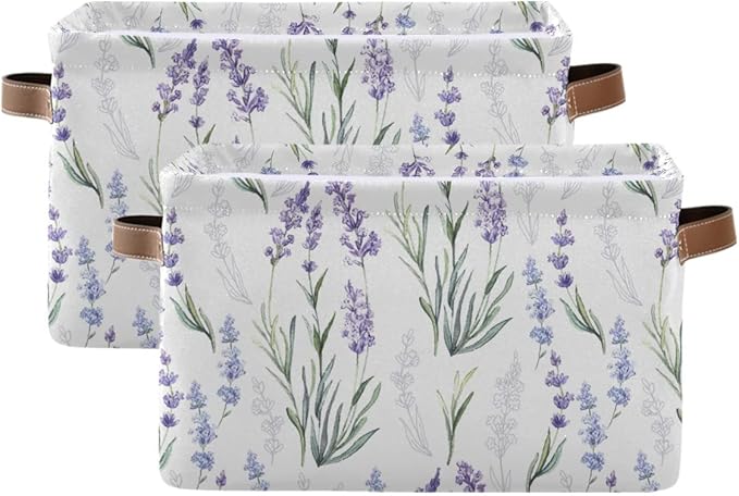 Lavender Flowers Storage Basket Fabric Storage Bin Laundry Baskets, Leaves Green Purple Foldable Storage Boxes Organizer Bag for Baby Cloth Dog Toy Book Storage Cubes Shelf Closet Basket 16×12×8