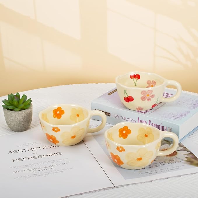 Koythin 2-Pieces Ceramic Coffee Mugs, Creative Cute Flower Cup for Office and Home, 8.5 oz/250 ml Aesthetic Mug for Latte Tea Milk (2 Orange Flower)