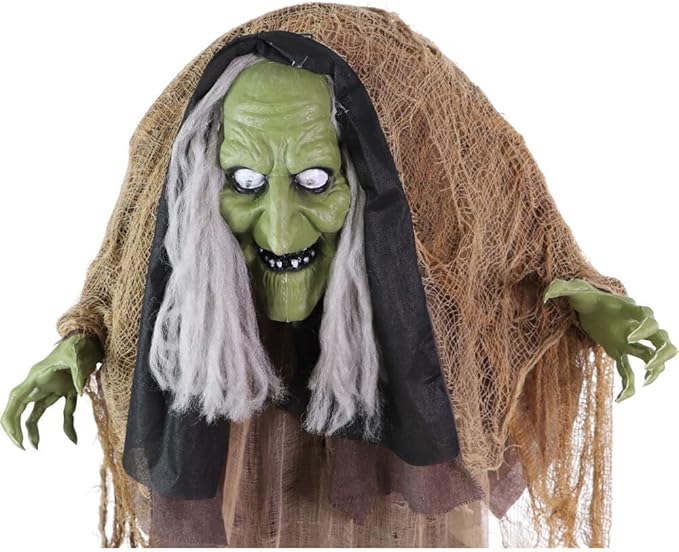 Haunted Hill Farm Talking Hunchback Witch, Halloween Animatronic with Movement and Lights for Battery Operated Scary Indoor or Covered Outdoor Halloween Decorations, Creepy Halloween Prop
