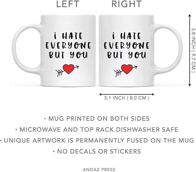 Andaz Press Valentine’s Day Funny 11oz. His Her Couples Coffee Mug Gift, I Hate Everyone But You, Heart Graphic, 1-Pack, Gift Box