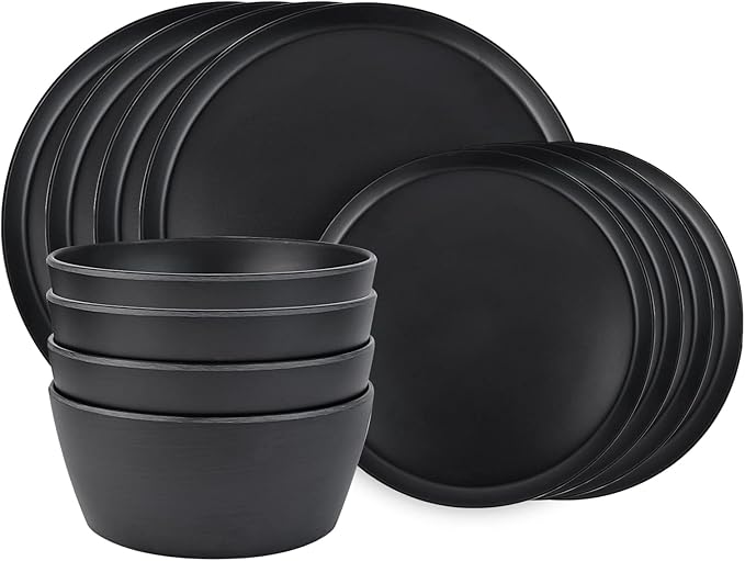 Dinnerware Sets 12 pcs, Melamine Plates and Bowls Sets, Matte Black, Plate Set for 4, Indoor and Outdoor use, Dishwasher Safe