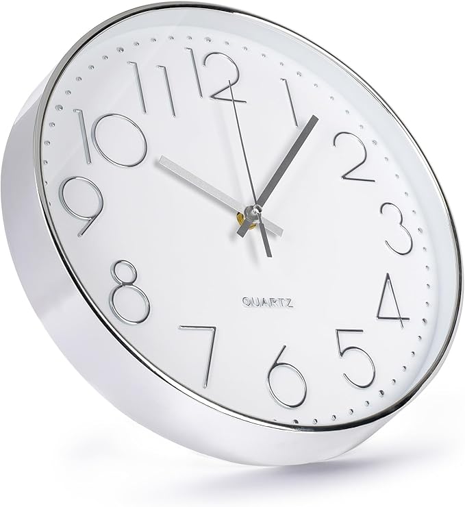Wall Clock 12 Inch Non-Ticking Silent Modern Simple Style Round Decor Clock Silver Stereoscopic Dial Quartz Wall Clocks for Home/Office/School/Living Room/Bedroom/Kitchen