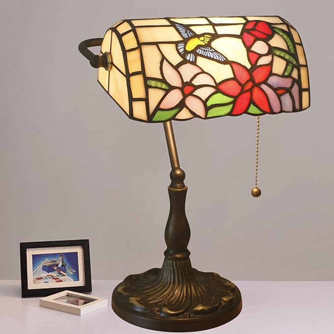 Bird Lamp Tiffany Style Bankers Lamp Table Lamp Stained Glass Bird Flower Lamp Shade Piano Desk Lamp Vintage Bedroom Bedside Lamp for Livingroom Office Study,Antique Alloy Base,Zipper Switch,A bird