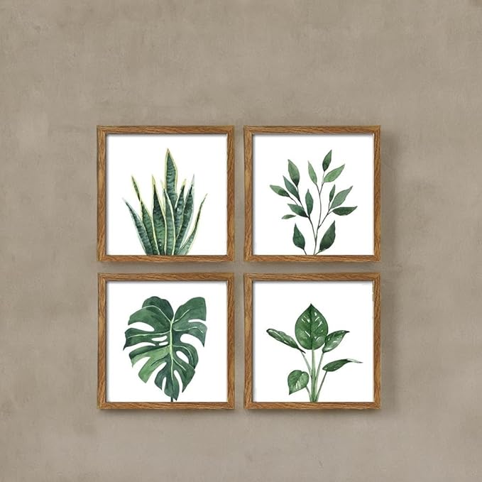 ArtbyHannah Framed Bathroom Wall Decor, 10x10 Inch Botanical Wall Art with Sage Green Plant Print for Wall Decoration, Minimalist Restroom Decor (Walnut)