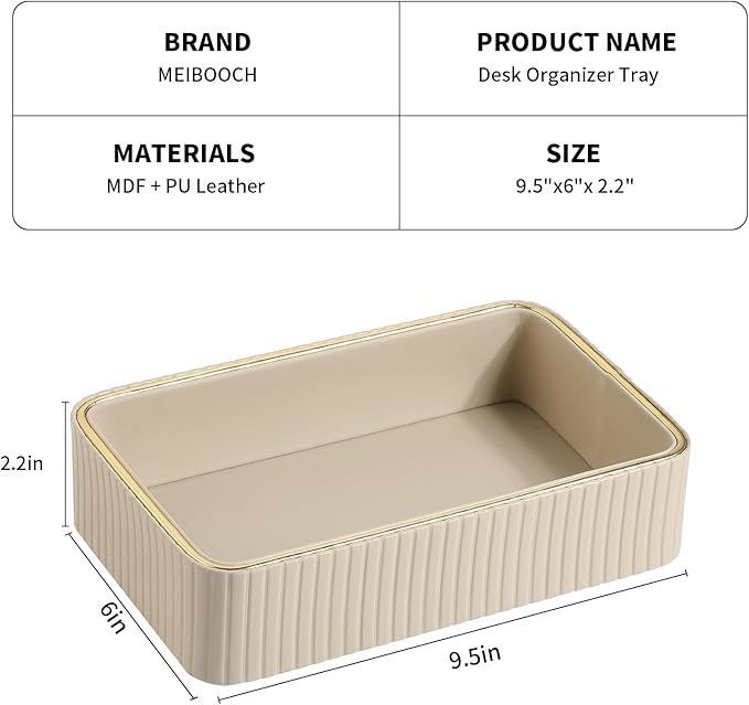 Desk Organizer Tray, PU Leather Valet Tray Nightstand Organizer Cologne Perfume Tray for Men Women, Decorative Vanity Tray Key Bowl Trinket Dish Bathroom Bedroom Accessories (Beige)