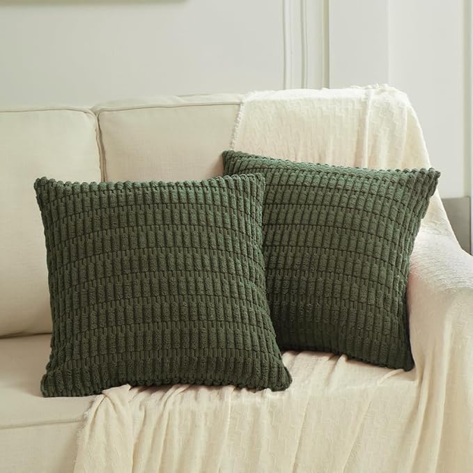 Fancy Homi 4 Packs Boho Olive Green Decorative Throw Pillow Covers 22x22 Inch for Couch Bed Sofa, Rustic Modern Farmhouse Home Decor, Soft Plush Corduroy Cute Square Cushion Case 55x55 cm
