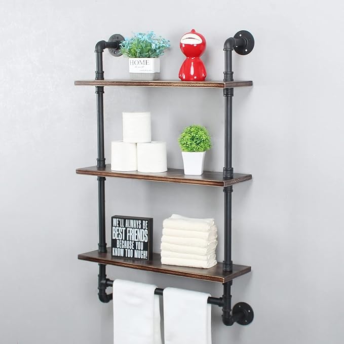 Industrial Pipe Shelving,Iron Pipe Shelves Industrial Bathroom Shelves with Towel bar,24in Rustic Metal Pipe Floating Shelves Pipe Wall Shelf,3 Tier Industrial Shelf Wall Mounted,Retro Black