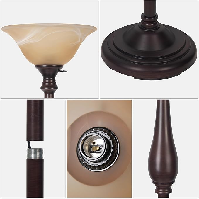 Torchiere Floor Lamp for Living Room, Standing Lamp with Glass Shade, Iron Brushed Nickel Floor Lamps, Corner Lamps for Bedroom, Office, Reading (Dark Brown)