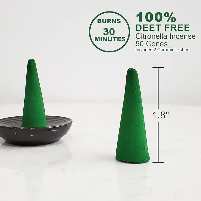 Citronella Incense Cones (50 Cones) with 2 Ceramic Dishes, 30 Min Burn Time, Plant Based Ingredients
