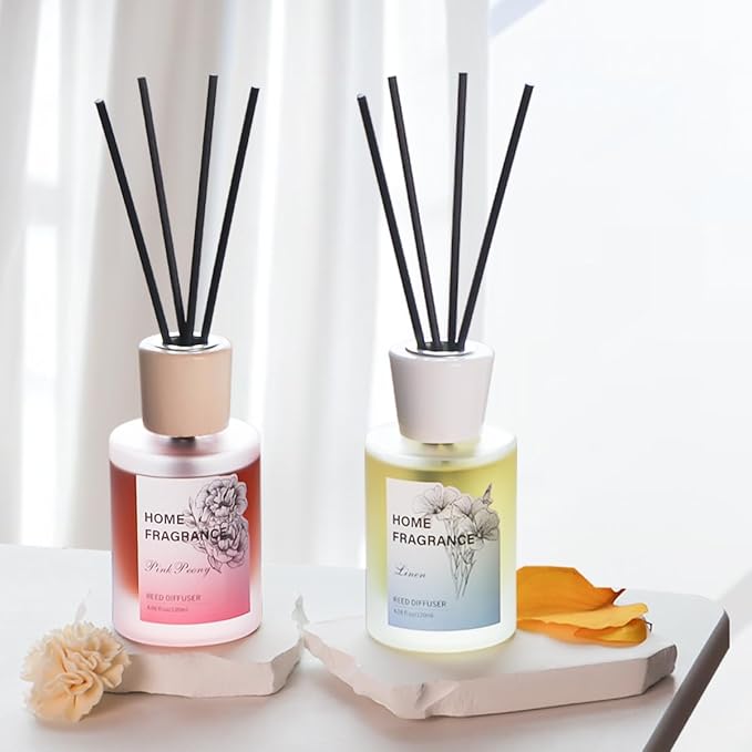 Reed Diffuser - Linen&Pink Peony 4.06oz (120ml) 2 Packs Essential Oil Reed Diffuser Set with 16 Sticks, Long Lasting Fragrance for Home, Bathroom, Bedroom, Room, Decor