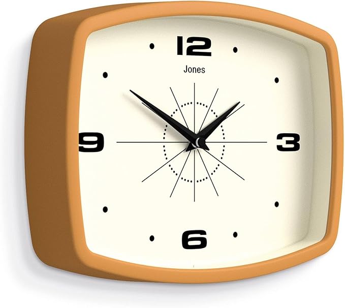 JONES CLOCKS® Movie Wall Clock | Rectangular Retro Clock | 10 inch | Mustard Yellow | Cool mid-Century Designer Look for Kitchen, Living Room or Office