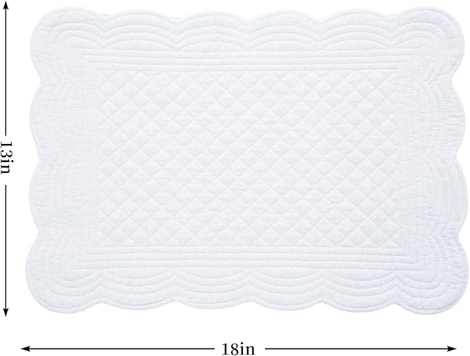 HOMBYS Quilted Placemats Set of 6 Washable-13x18 inches Rectangular Placemats for Kitchen Table-100% Cotton Fabric Rectangular Table Mats, (Pure White)