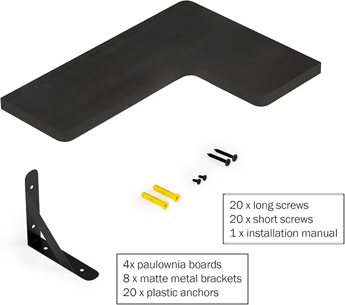 Muzilife Corner Floating Shelves Wooden Floating Shelve Set of 4, Wall Mounted for Storage, L-Shaped Shelves for Wall Decor Wall Organizer for Bedroom, Bathroom, Kitchen, Living Room and Office, Black