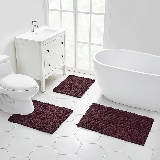 Walensee Bathroom Rug Non Slip Bath Mat (44x24 Inch Burgundy) Water Absorbent Super Soft Shaggy Chenille Machine Washable Dry Extra Thick Perfect Absorbant Best Large Plush Carpet for Shower Floor