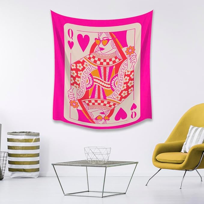 Queen Of Hearts Pink Trend preppy room decor Tapestry wall art Boho Wall Decor Vintage Hanging with Wall Aesthetic Tapestry Trendy Wall for Living Room Bedroom and Dorm Decor 70x90inch 