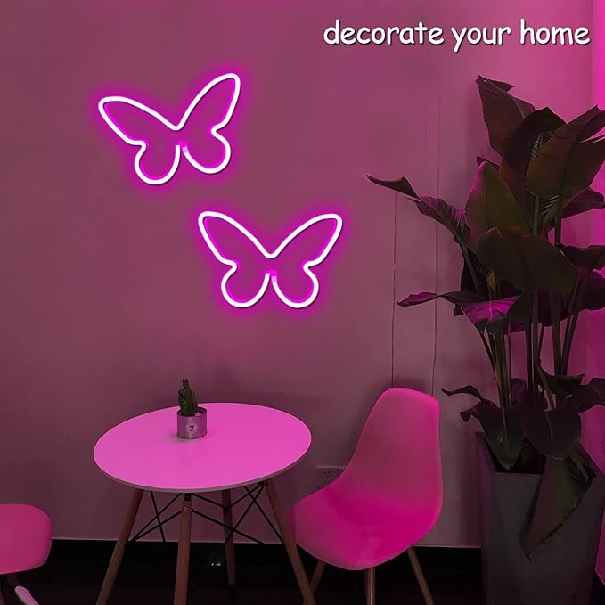 2 Pieces Butterfly Neon Sign, LED Light for Bedroom Wall Decor, USB/Battery Powered Night Light for Kids Room, Girls Home, Wedding, Birthday Party Art Decorations