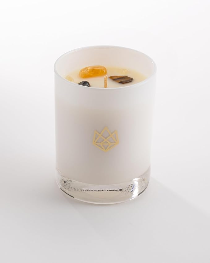 Luxury Glass Jar Candle, 14.5 OZ, Manifest - Citrine, Tiger Eye & Clear Quartz Crystal Infused - Scents of Orange, Neroli, Sandalwood, & Musk - Intention, Belief, & Action, Natural