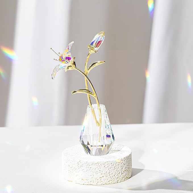 Crystal Lily Figurine, Glass Flowers with Stem,Flower Collectible Gifts for Woman, Wedding Party Decor(Transparent)