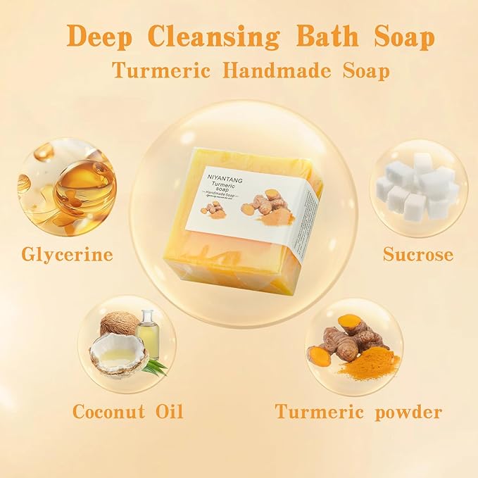 3 PCS Turmeric Soap Bar, Natural Bar Soap for Face & Body, Handmade Tumeric Bar with Coconut Oil, Cleanse Skin, Moisturizing & Soothing Gentle Cleanser for All Skin Types