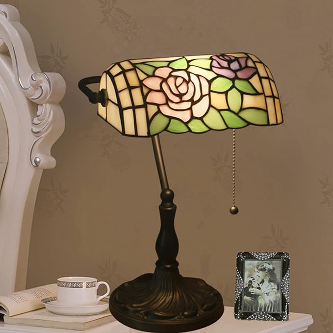 Tiffany Style Bankers Table Lamp Stained Glass Piano Desk Lamp Vintage Bedroom Bedside Lamp for Study,Antique Alloy Base,Zipper Switch,Rose c