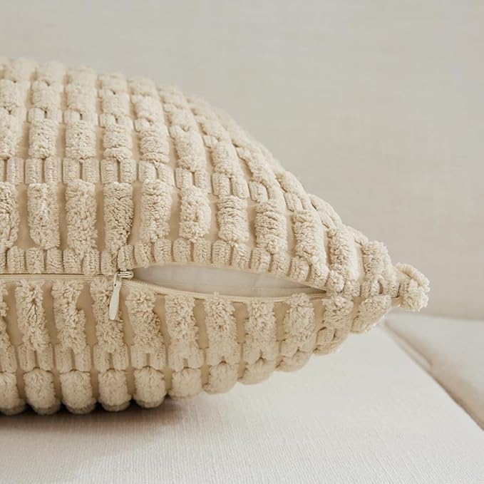 Fancy Homi 4 Packs Tan Decorative Throw Pillow Covers 16x16 Inch for Living Room Couch Bed Sofa, Beige Rustic Farmhouse Boho Home Decor, Soft Plush Striped Corduroy Square Cushion Case 40x40 cm