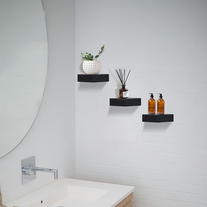 Small Floating Shelf,Set of 3 Display Ledges for Wall,Mini Shelves,Rustic Wood Shelf for Bedroom Living Room Bathroom Kitchen (6 Inch, Black)
