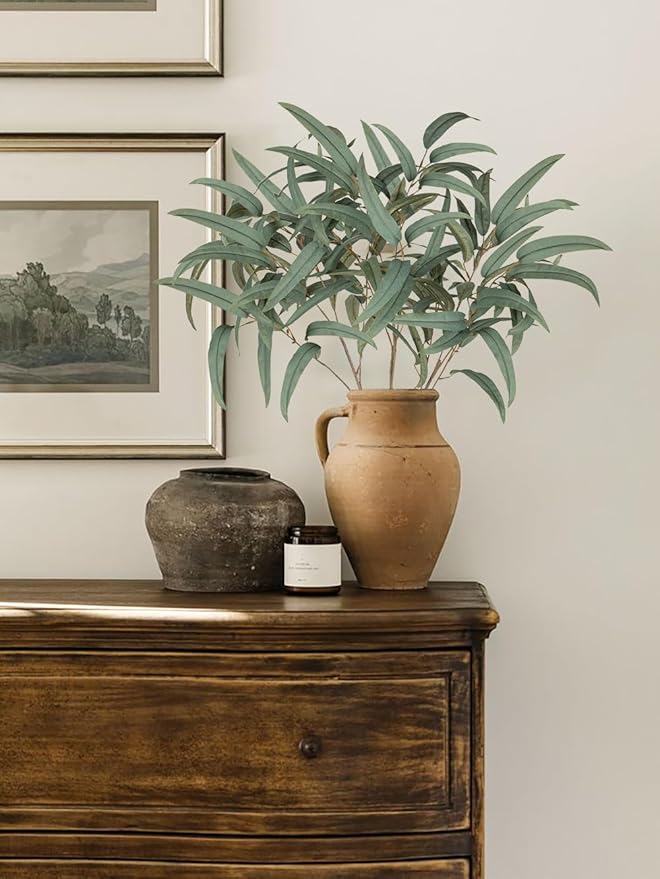 Briful Artificial Eucalyptus Willow Branches 33'' Tall Gray Fake Eucalyptus Stems Arrangement, Realistic Faux Greenery Stems, Indoor Plant, Home Housewarming Farmhouse Porch Vase Decor, Set of 3
