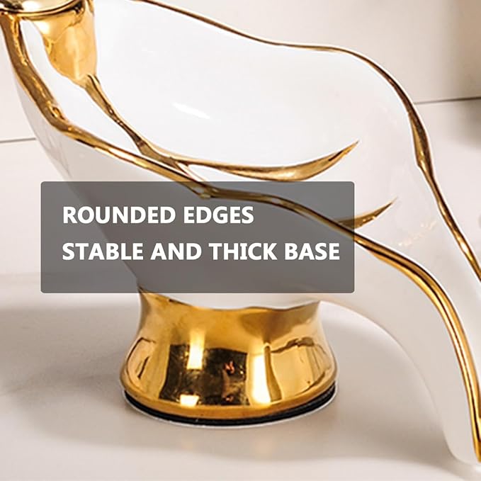 Ceramic Soap Dish, Self Draining Soap Holder Shower, Soap Bar Dishes,Creative Leaf Shape Soap Tray with Gold Plastic Deer for Bathroom, Kitchen, Sink, Countertop, Easy to Clean (Gray)