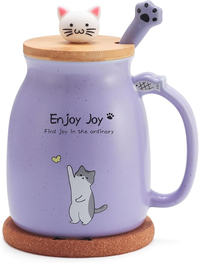 Cute Cat Cup Ceramic Coffee Mug with Kawaii Cat Wooden Lid, Lovely Stainless Steel Spoon, Anime Kitty Thicken Wooden Coaster, Christmas Birthday Cute Thing Japanese Mug 16oz (Purple)