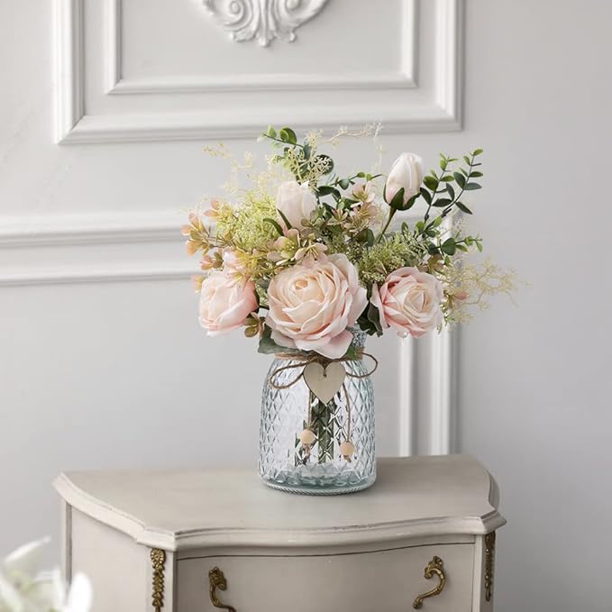 Silk Rose Flowers in Vase, Artificial Flowers Arrangement with Glass Vase Faux Rose for Decoration Table Centerpiece (Pink Rose)