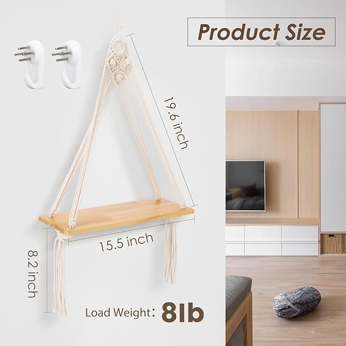 Macrame Wall Hanging Shelf Set of 2,Boho Wooden Display Floating Shelves for Wall Decor with Handmade Woven Rope,Farmhouse Rustic Plant Shelf for Bedroom Dorm Nursery Living Room Bathroom