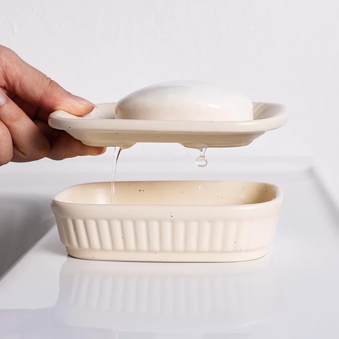 Ceramic Soap Dish, Self-draining Soap Holder, Double Layer Bar Soap Holder, Speckled Draining Soap Dishes for Bathroom Shower Kitchen, Minimalist Vintage Style, Keep Soap Dry, ANTIS'S HOME