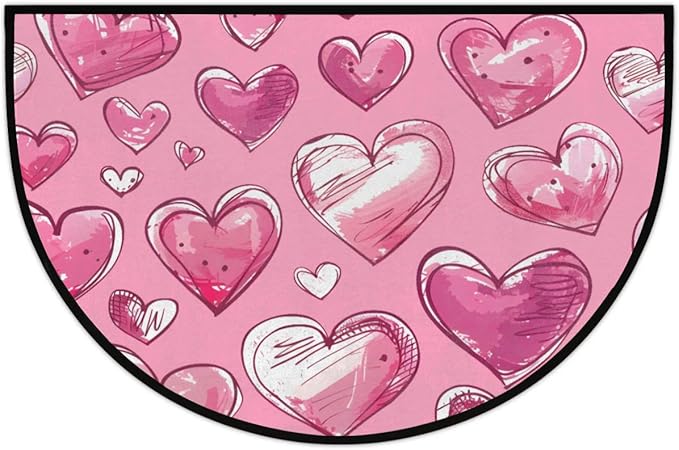 Half Round Doormat Valentine's Day Decorative Rug Half Moon Kitchen Mat Cute Bathroom Rug Washable for Living Room Bedroom Decorative Gift Love Pink